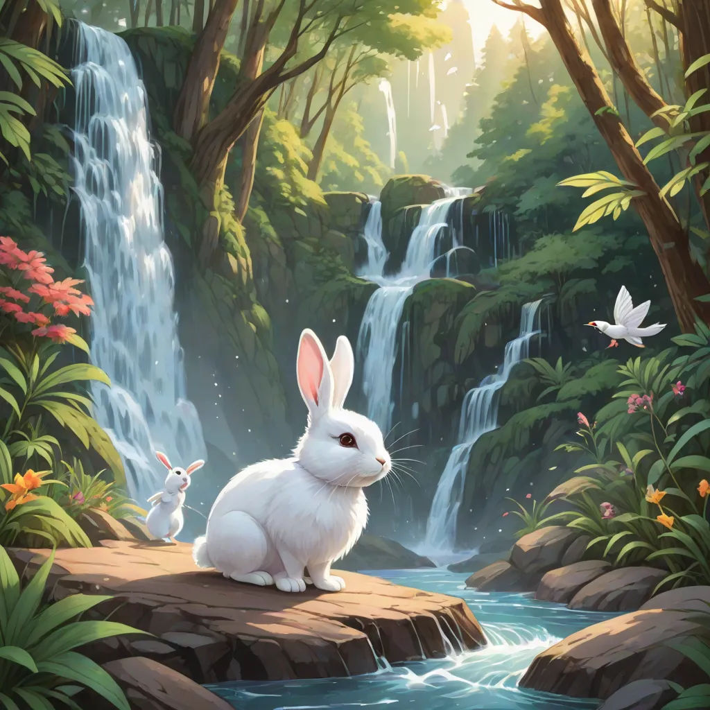 a white rabbit sitting on a rock in front of a waterfall with a waterfall in the background and a bird flying over it, Chris LaBrooy, fantasy art, a storybook illustration, rossdraws global illumination