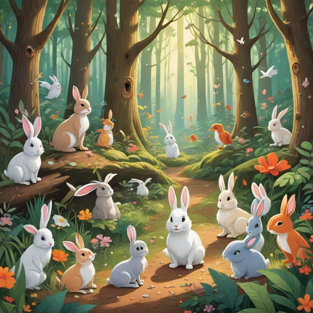 a painting of many rabbits in a forest with flowers and trees in the background, with a sunbeam, Chris LaBrooy, furry art, a storybook illustration, rossdraws global illumination