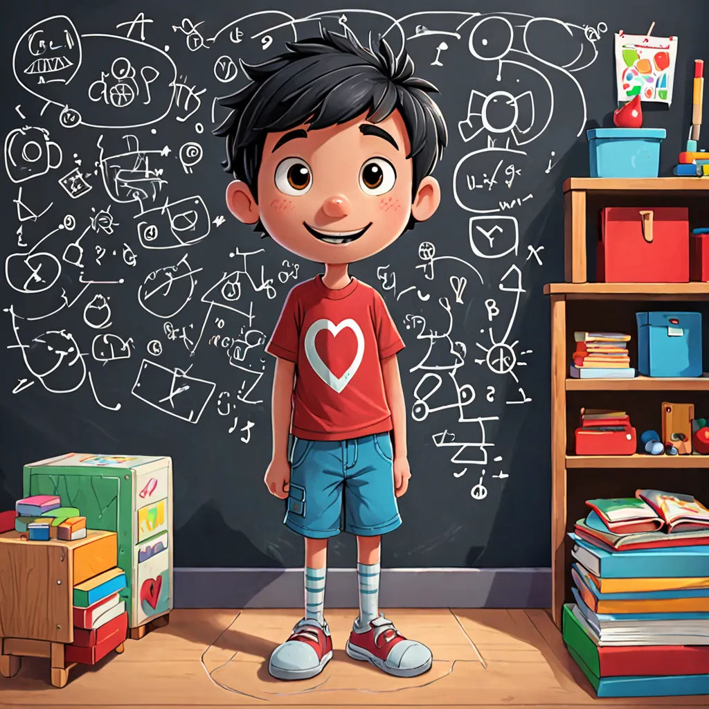 a boy standing in front of a chalkboard with writing on it and a bookcase in the background, sots art, a character portrait, Diego Gisbert Llorens, promotional image