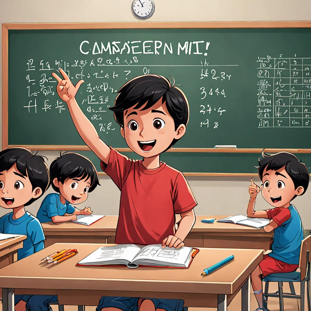 a boy raising his hand in front of a classroom full of students with a blackboard with a written message, samikshavad, a storybook illustration, Ding Guanpeng, official art