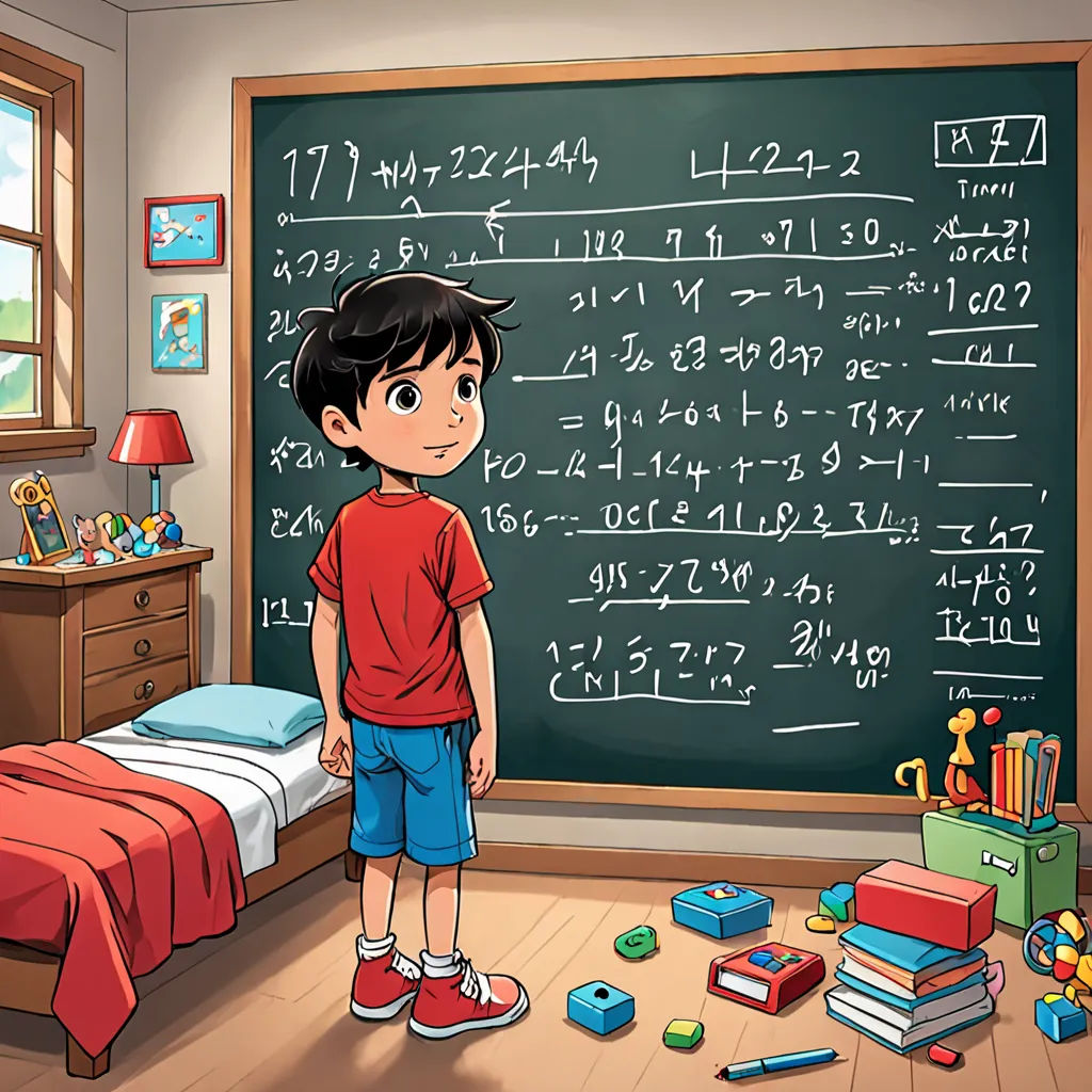 a boy standing in front of a blackboard in a bedroom with toys and books on the floor and a bed, lyco art, a storybook illustration, Diego Gisbert Llorens, promotional image