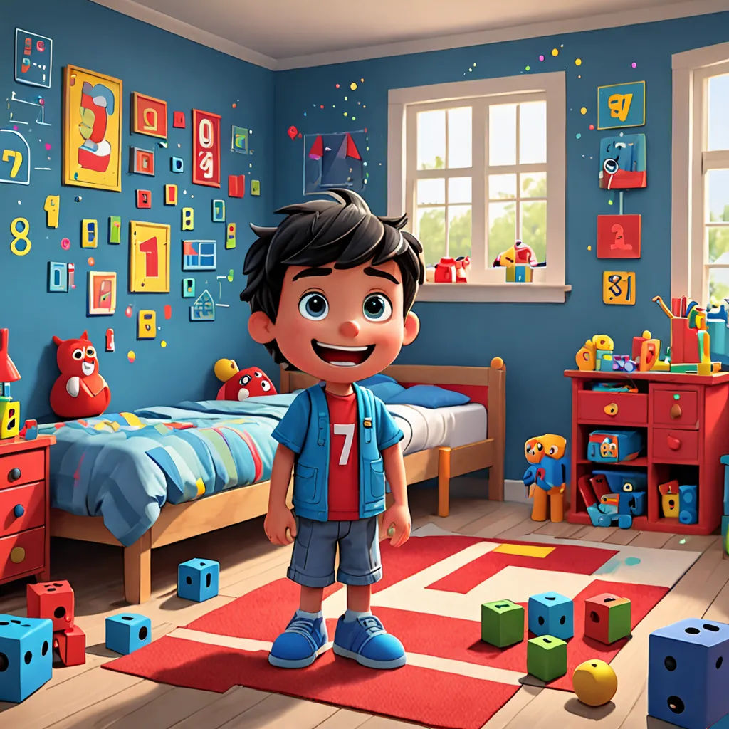 a boy standing in a room with toys on the floor and a rug on the floor and a bed, photorealism, a computer rendering, Chris LaBrooy, promotional image