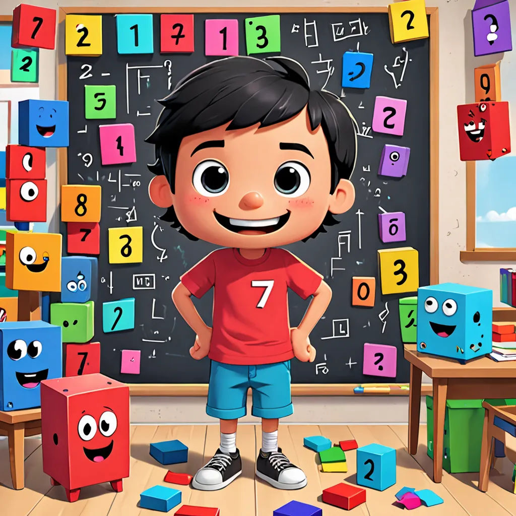 a boy standing in front of a blackboard with numbers on it and cubes on the floor in front of him, lyco art, a storybook illustration, Diego Gisbert Llorens, 2 d game art