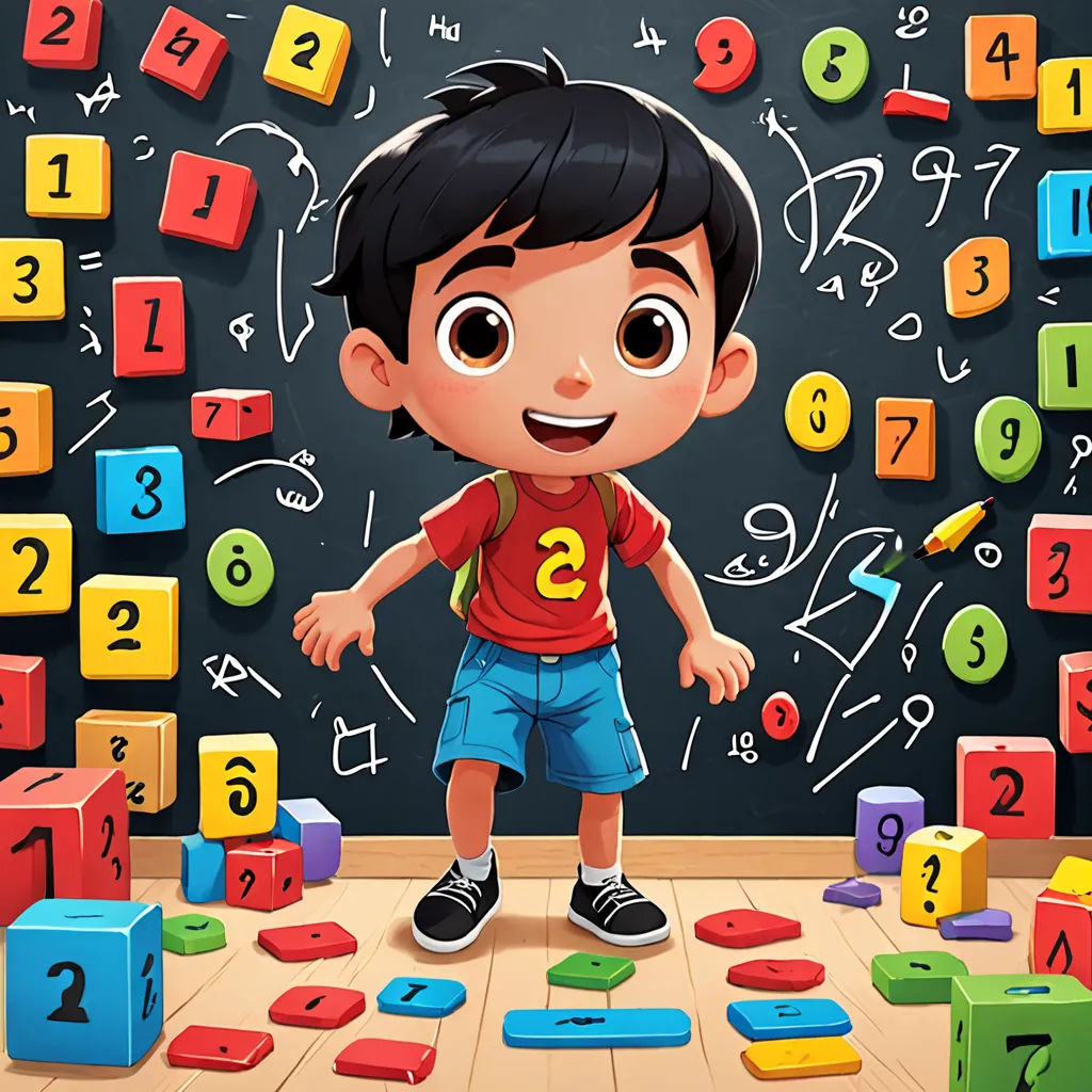 a boy standing in front of a blackboard with numbers and cubes on it and a chalkboard behind him, lyco art, a storybook illustration, Diego Gisbert Llorens, storybook illustration