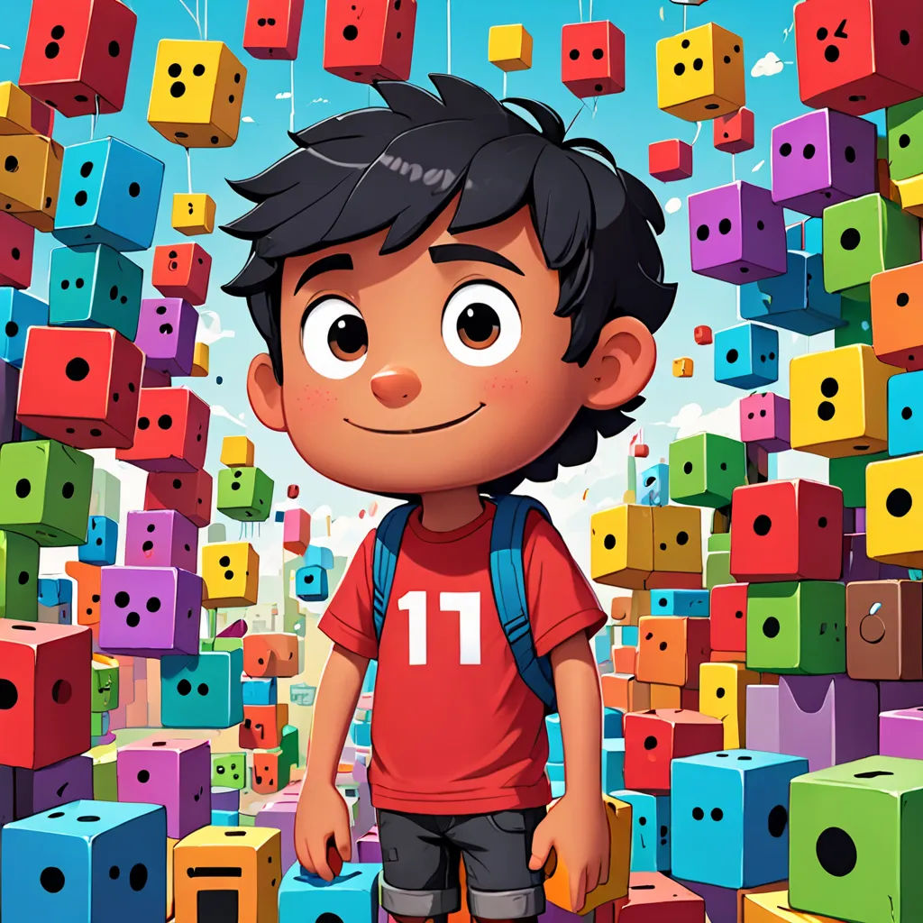 a boy standing in front of a bunch of cubes with a backpack on his back and a backpack on his shoulder, cubo-futurism, a character portrait, Diego Gisbert Llorens, rossdraws global illumination