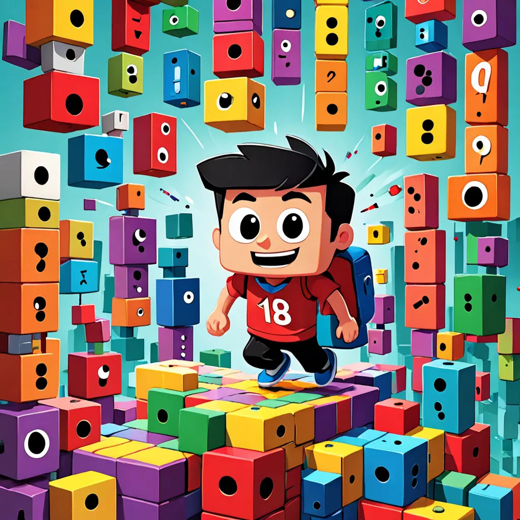 a cartoon character is surrounded by colorful boxes and cubes, with a man in the middle of the picture, cubo-futurism, a storybook illustration, Chris LaBrooy, rossdraws global illumination