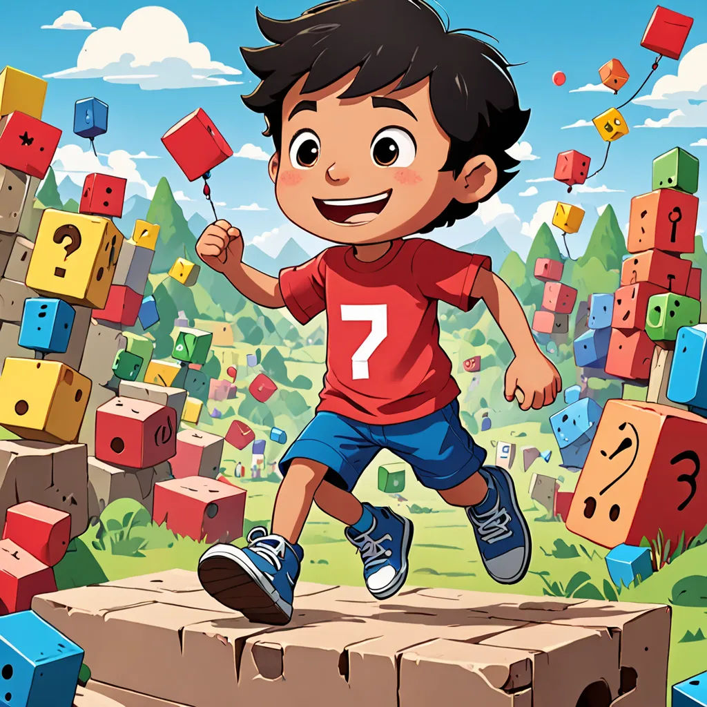 a boy running across a block of wood with blocks in the background and a sky background with clouds and trees, lyco art, a storybook illustration, Diego Gisbert Llorens, 2 d game art