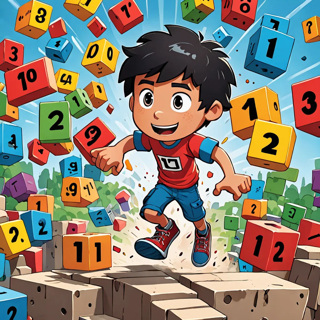 a boy is running over a block wall with numbers flying around him and a lot of blocks in the air, lyco art, a storybook illustration, Diego Gisbert Llorens, promotional image