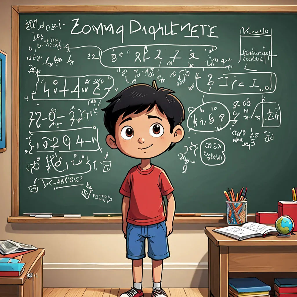 a boy standing in front of a chalkboard with a lot of writing on it in a classroom with a lot of books, les automatistes, a storybook illustration, Emiliano Ponzi, promotional image