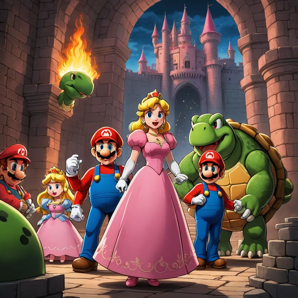 a group of people standing in front of a castle with mario and princesses on it and a turtle, sots art, concept art, Chris LaBrooy, official art