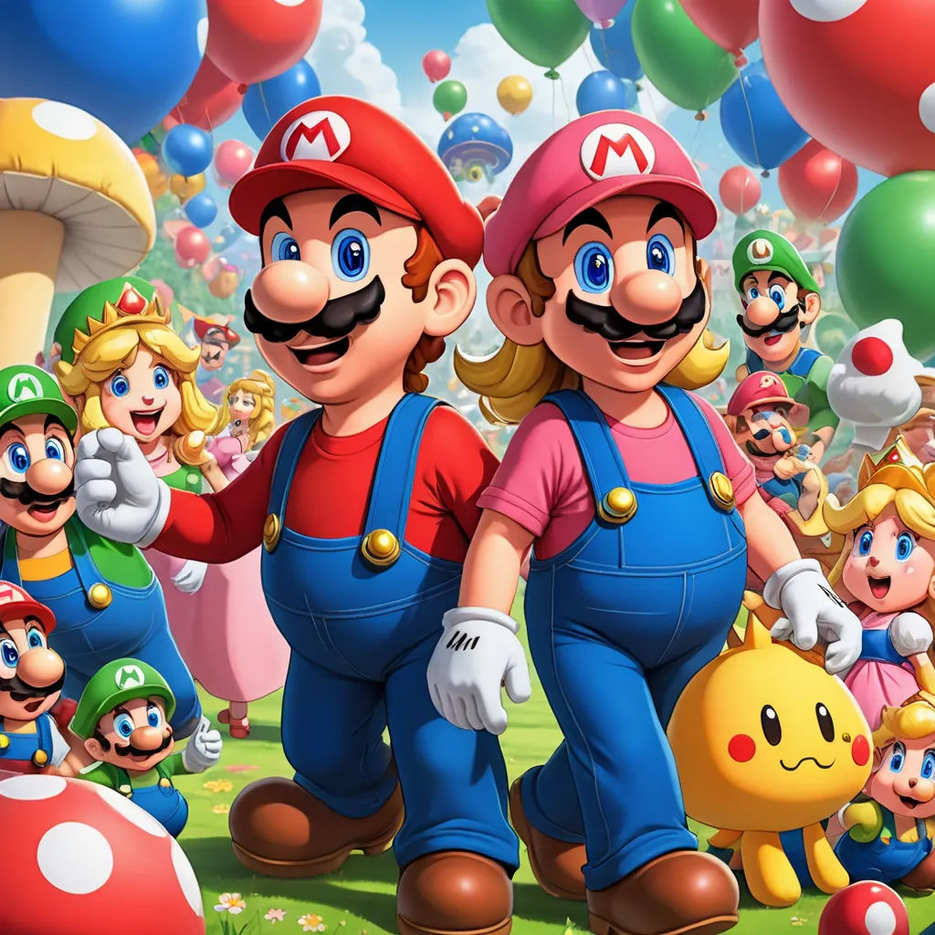 a group of mario and luigi in a field with balloons and balloons in the background, with a man in a pink shirt and a yellow hat, sots art, concept art, Chris LaBrooy, official art