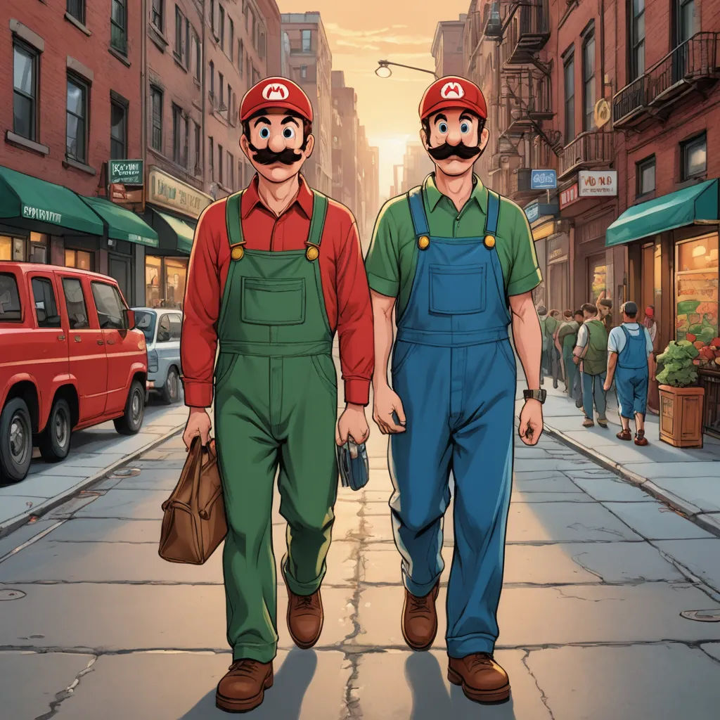 two men walking down a street in front of a red truck and a red van with a moustache on, harlem renaissance, concept art, Brothers Hildebrandt, official art