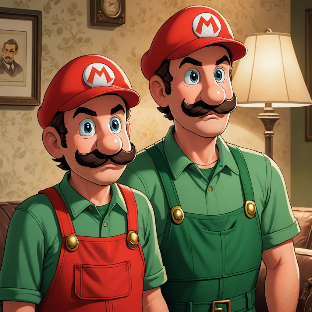 two men in red hats and green shirts standing next to each other in a living room with a lamp, sots art, concept art, Brothers Hildebrandt, unsettling