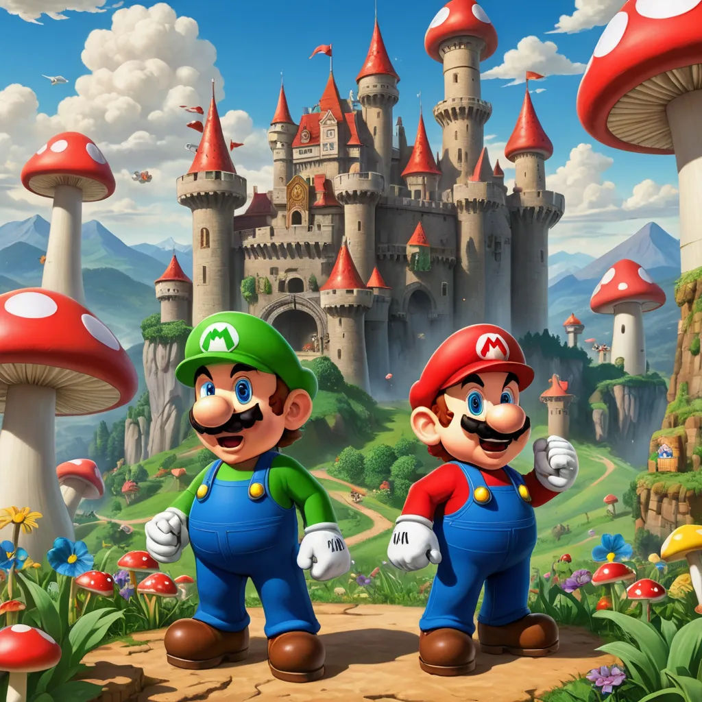 two mario brothers standing in front of a castle with mushrooms and mushrooms on the ground and a castle in the background, sots art, an ultrafine detailed painting, Chris LaBrooy, game art