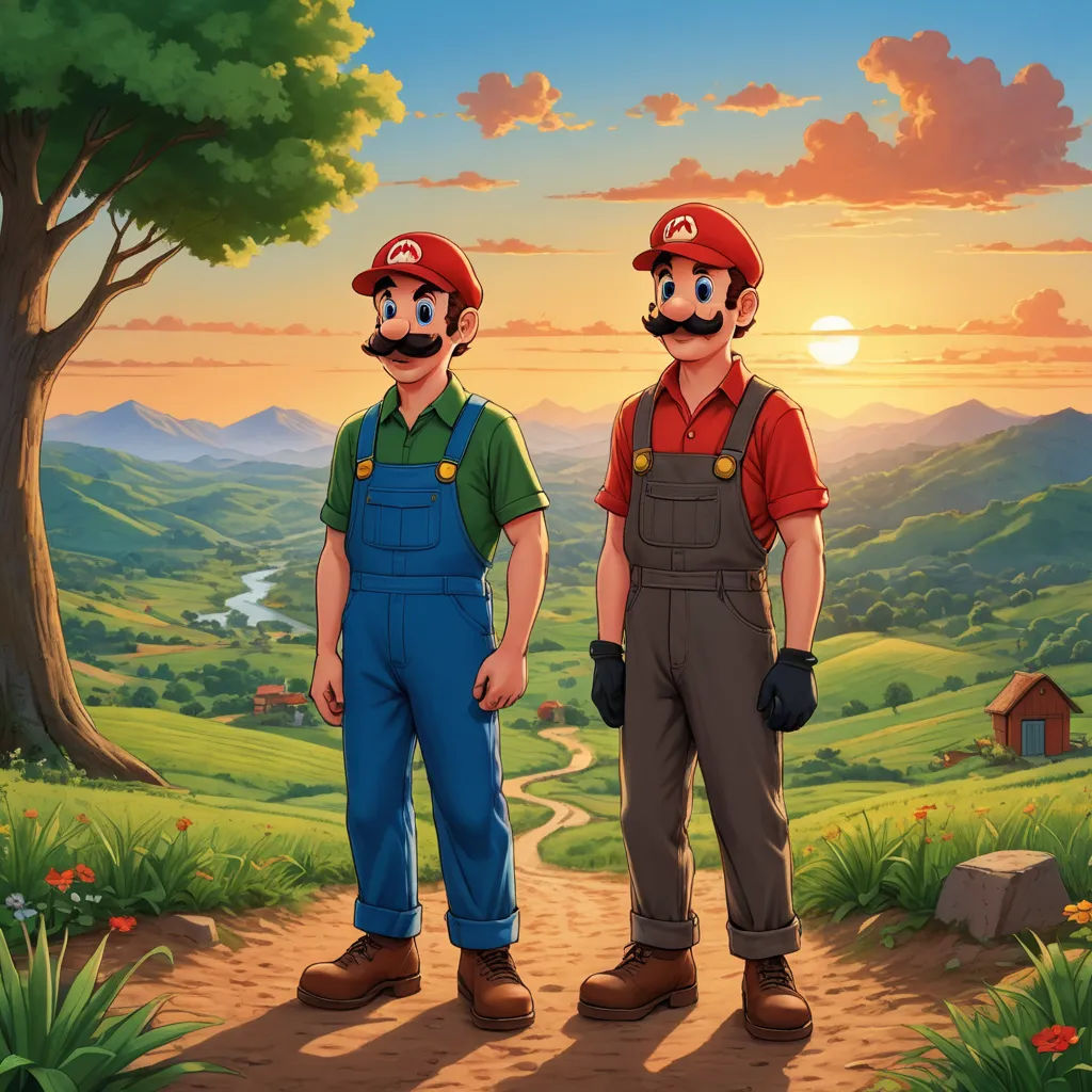 two men standing in front of a sunset with a green field and a mountain in the background with a red and green shirt, sots art, a fine art painting, Brothers Hildebrandt, official art