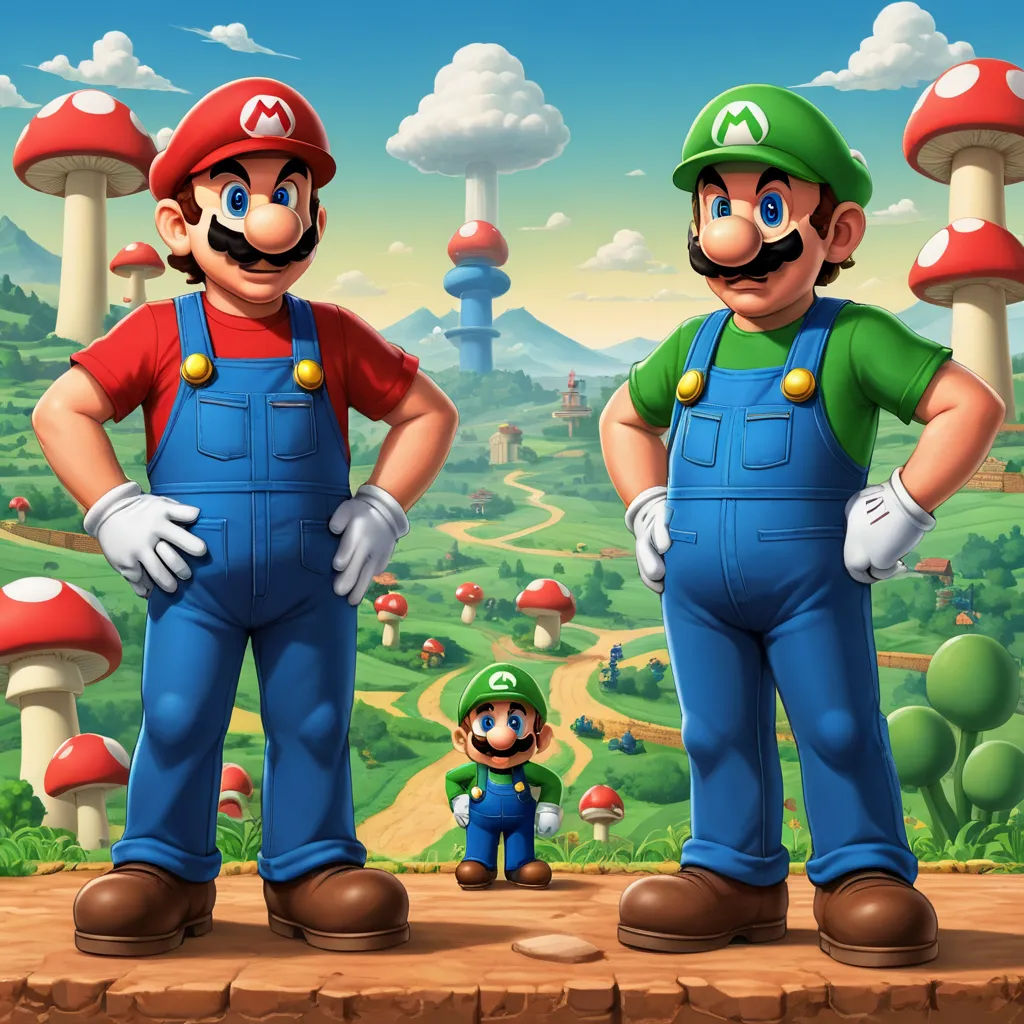 two mario and luigi standing in front of a mushroom land background with a mushroom - covered mountain in the background, pop surrealism, an ultrafine detailed painting, Chris LaBrooy, game art
