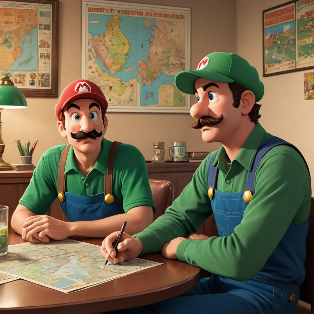 two cartoon characters sitting at a table with a map and a drink in front of them, both wearing green shirts and blue overalls, sots art, concept art, Chris LaBrooy, ultra realistic illustration
