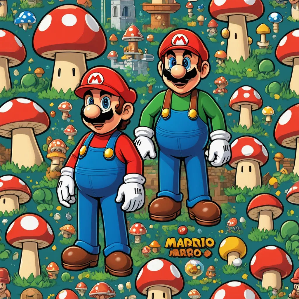 a couple of mario and luigi are standing in front of a mushroom forest with a castle in the background, les nabis, an album cover, Coppo di Marcovaldo, official art
