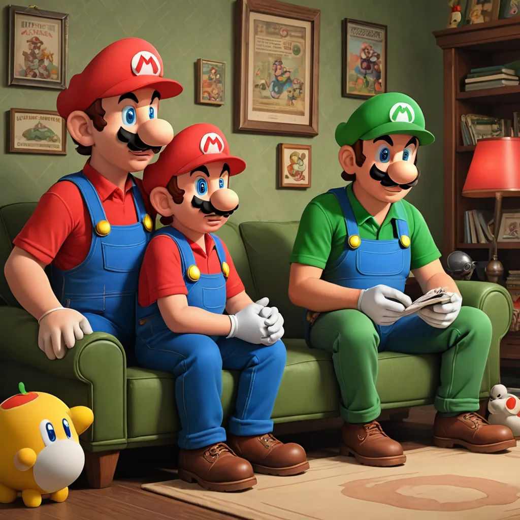 a group of people sitting on a couch in a living room with mario and luigi in the background and a nintendo wii game controller, photorealism, a fine art painting, Chris LaBrooy, official art