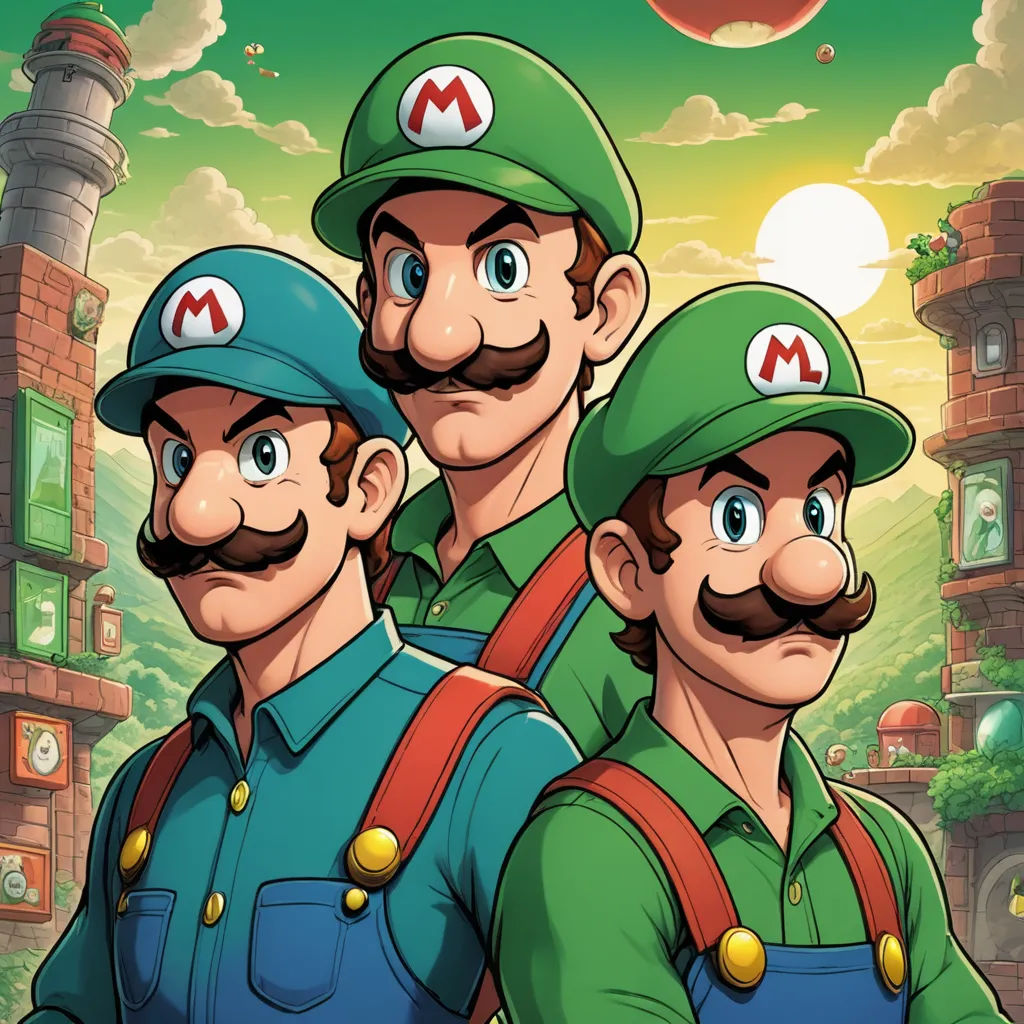 a group of nintendo bros standing next to each other in front of a city with a mushroom on it, sots art, poster art, Chris LaBrooy, official art