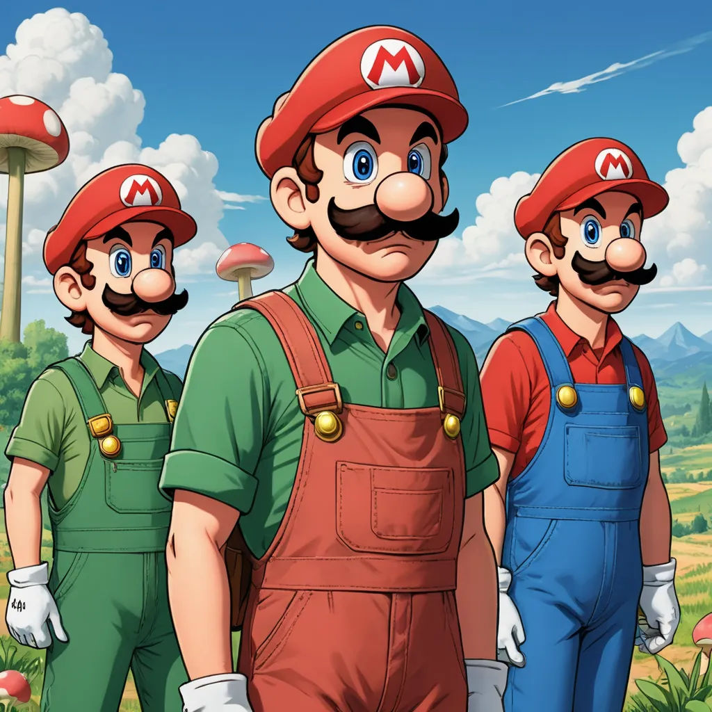 three men in overalls and hats standing in front of a mushroom field with a mushroom house in the background, sots art, concept art, Chris LaBrooy, official art