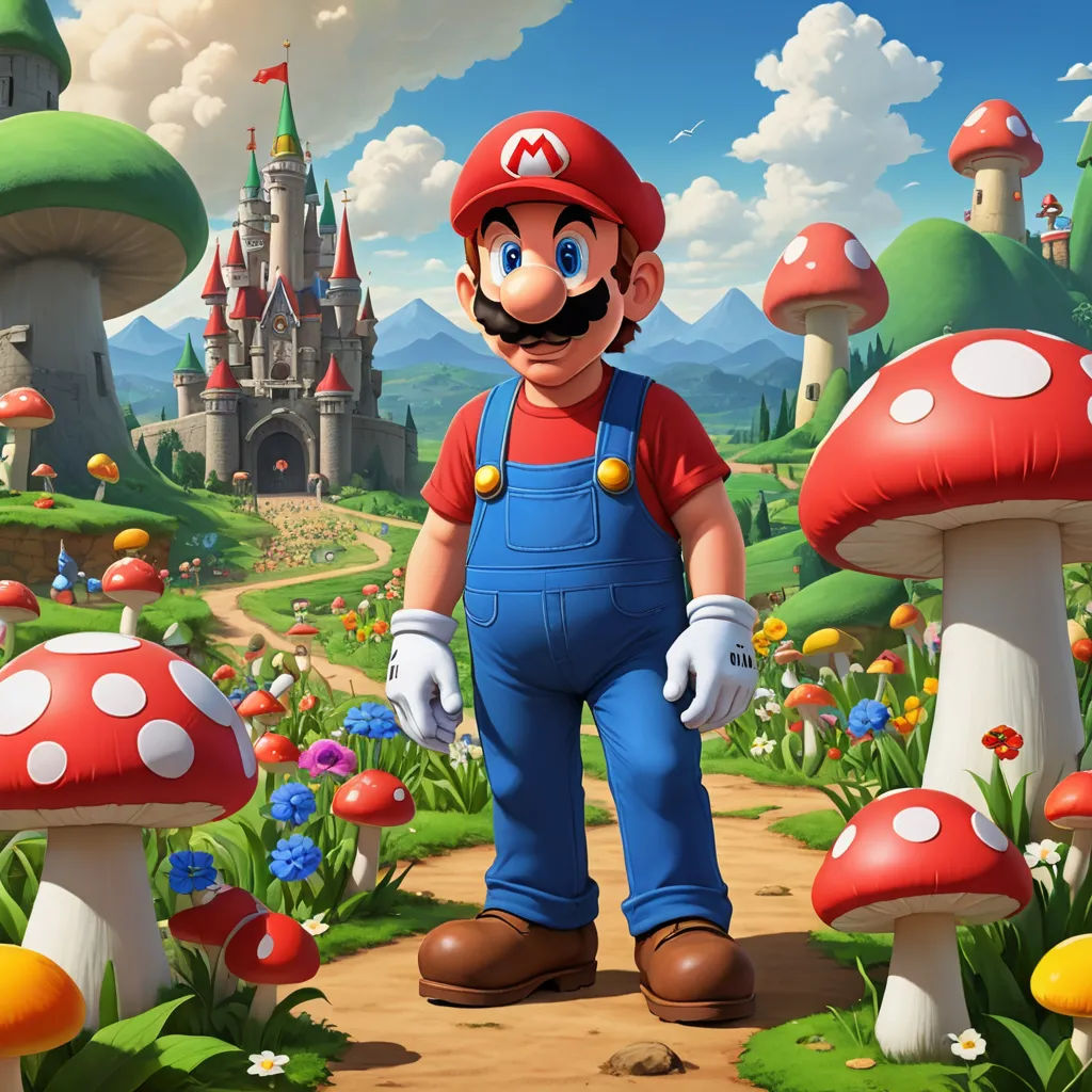 a mario mushroom is standing in a field of mushrooms and mushrooms with a castle in the background and a person in overalls, sots art, concept art, Chris LaBrooy, rossdraws global illumination