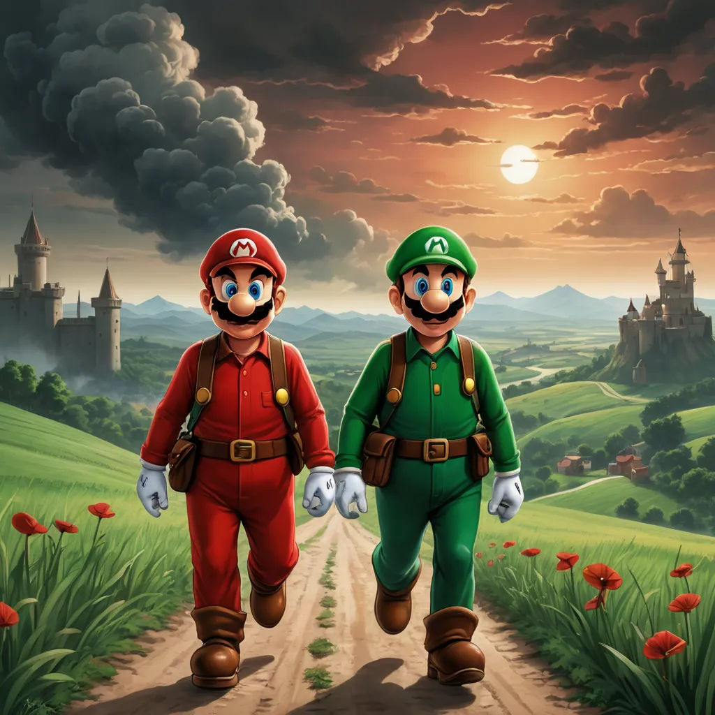 two people in mario and luigi's outfits walking down a dirt road with a castle in the background, sots art, poster art, Chris LaBrooy, game art