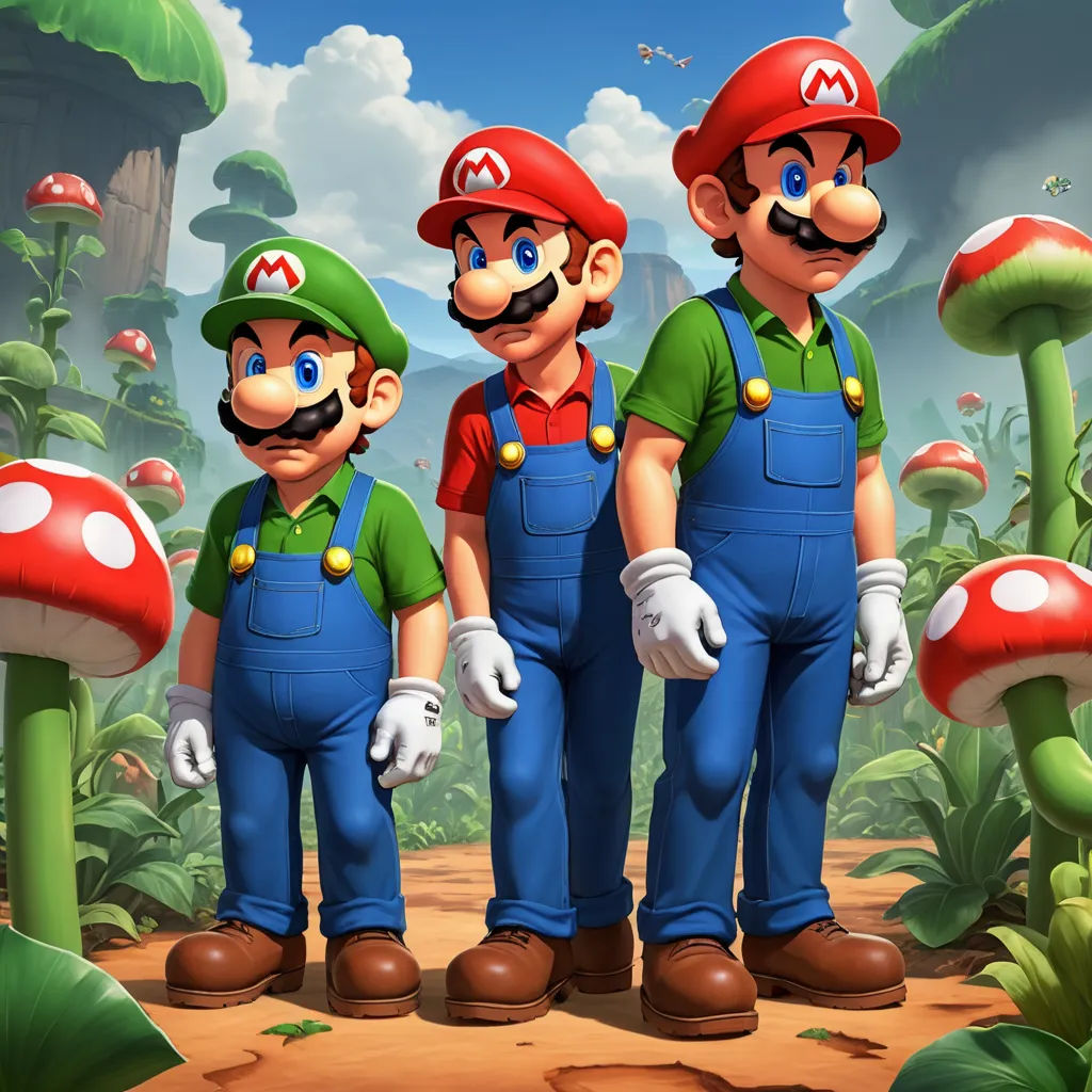 three nintendo brothers standing in front of a mushroom forest with a mushroom house in the background and a mushroom house in the foreground, sots art, concept art, Chris LaBrooy, rossdraws global illumination