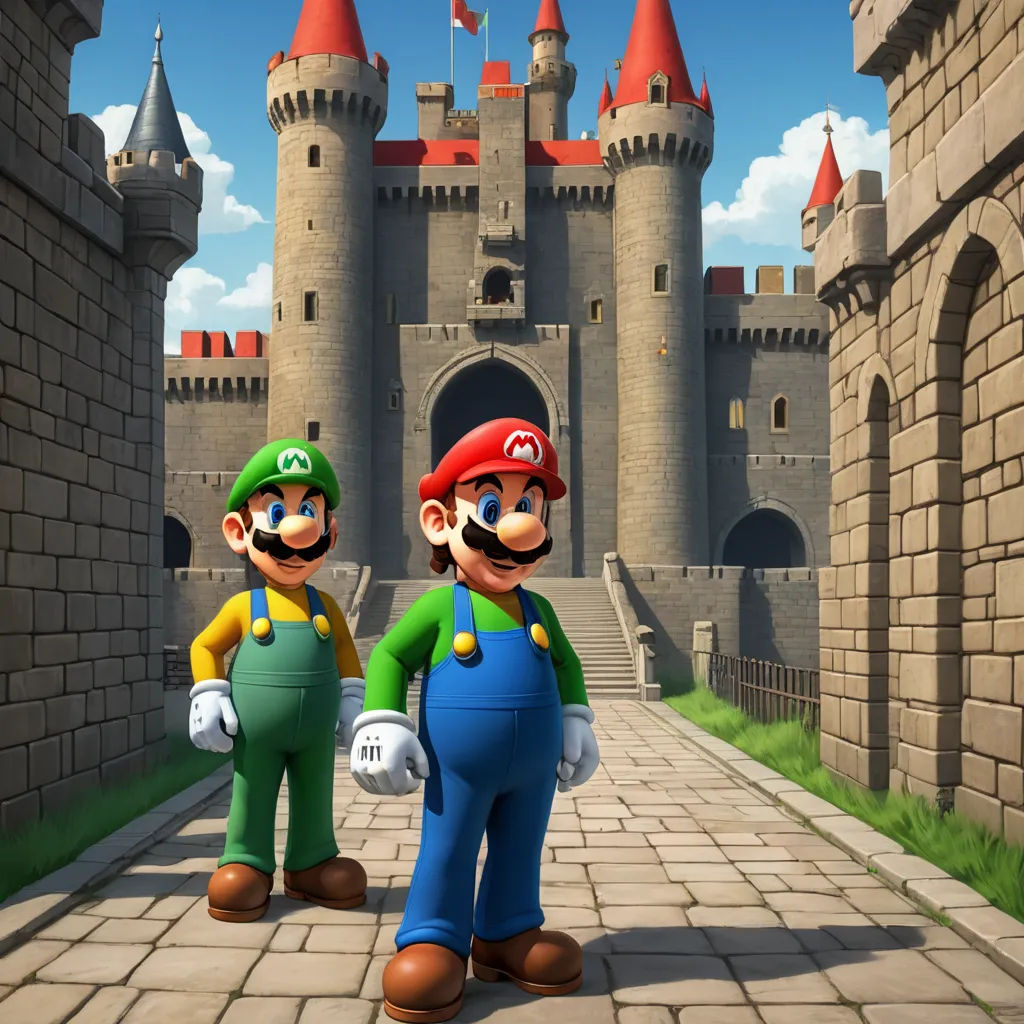 two mario and luigi standing in front of a castle with a castle in the background and a castle in the foreground, sots art, a 3D render, Chris LaBrooy, unreal engine render