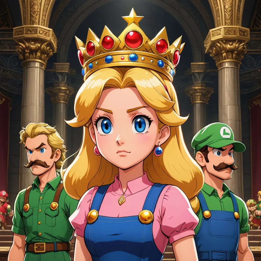 a cartoon of a woman with a crown on her head and two men in uniform behind her, both wearing green and pink, sots art, concept art, Anna Maria Barbara Abesch, official art