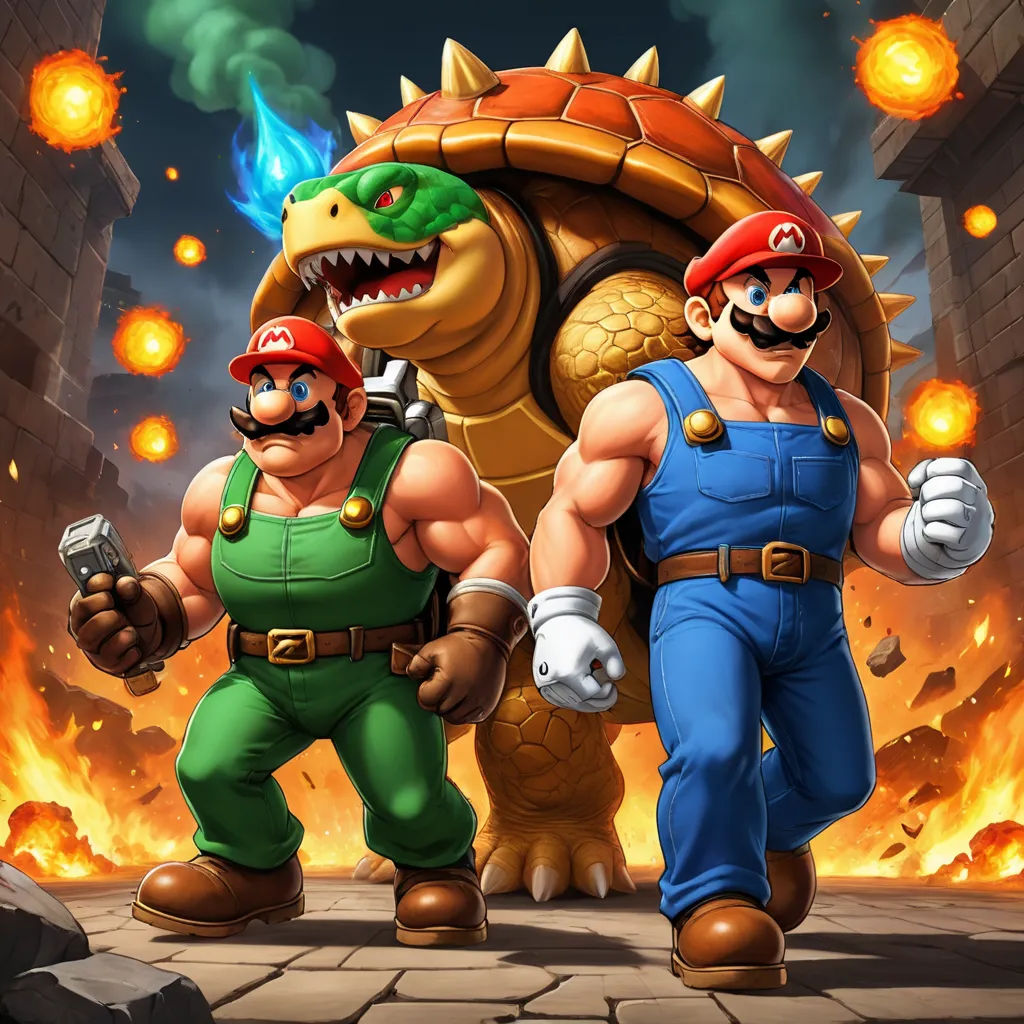 two characters in front of a giant monster with a huge head and a smaller head, both wearing blue overalls, sots art, concept art, Chris LaBrooy, official art