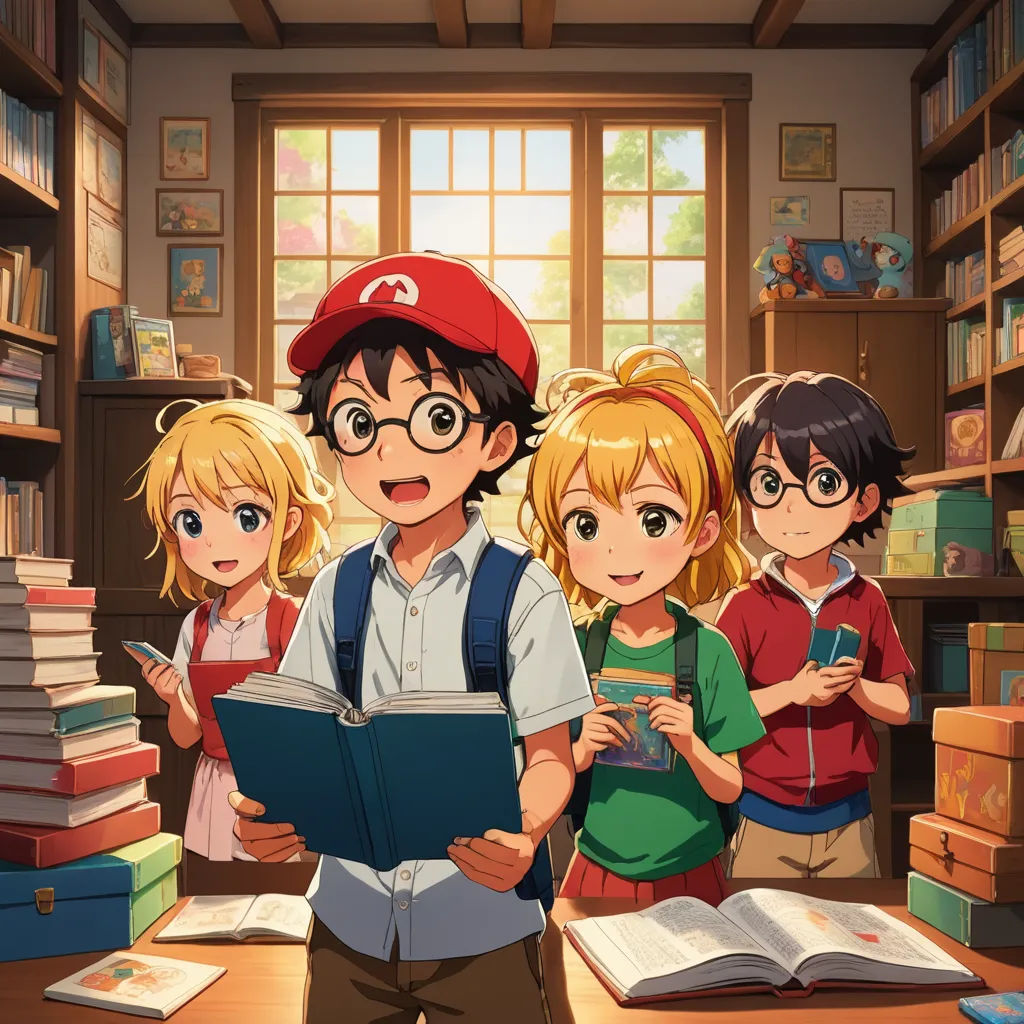 a group of children standing in a library with a teacher reading a book in front of them and a boy reading a book, sots art, a storybook illustration, Akira Toriyama, official art