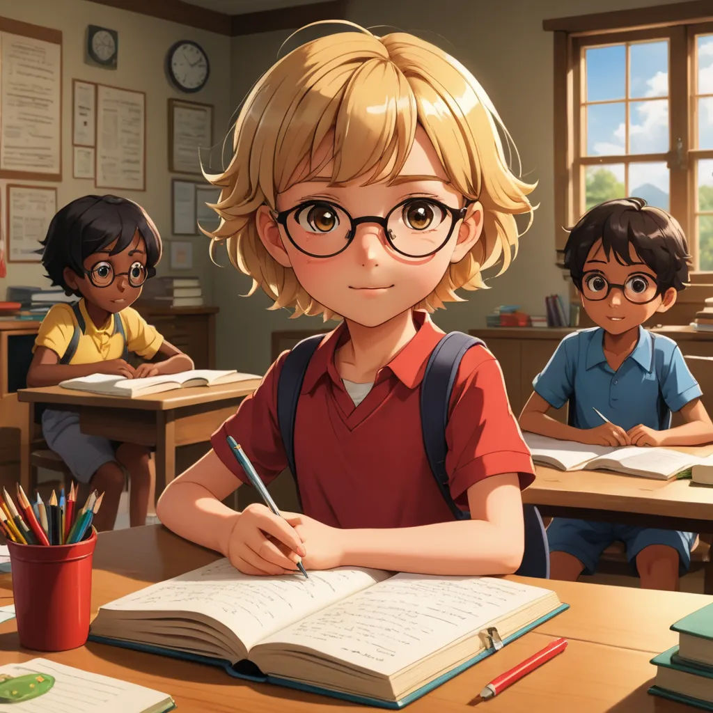 a cartoon of a boy sitting at a desk with a book and pencil in front of him and two other boys behind him, remodernism, computer graphics, Chizuko Yoshida, official art