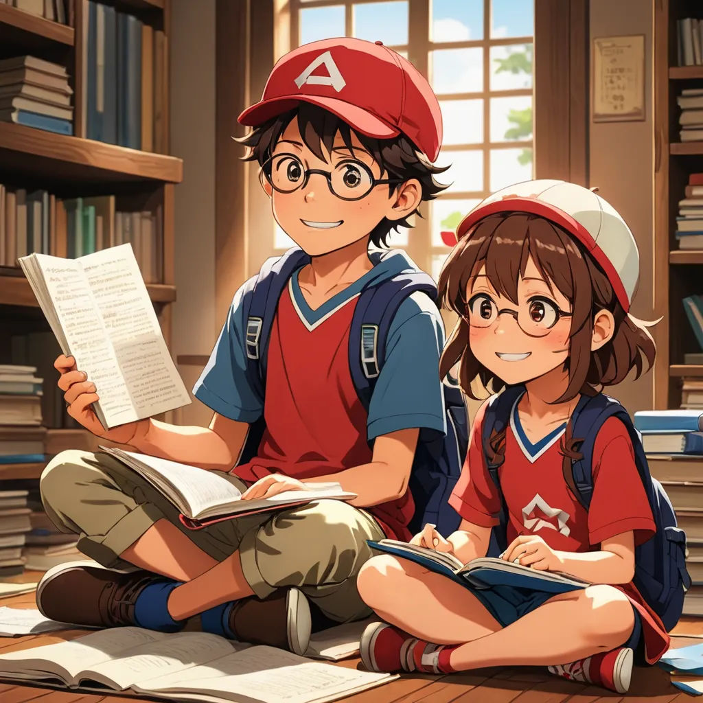 a couple of kids sitting on the floor reading books together in a room with a bookcase full of books, rayonism, a detailed painting, Ay-O, official art