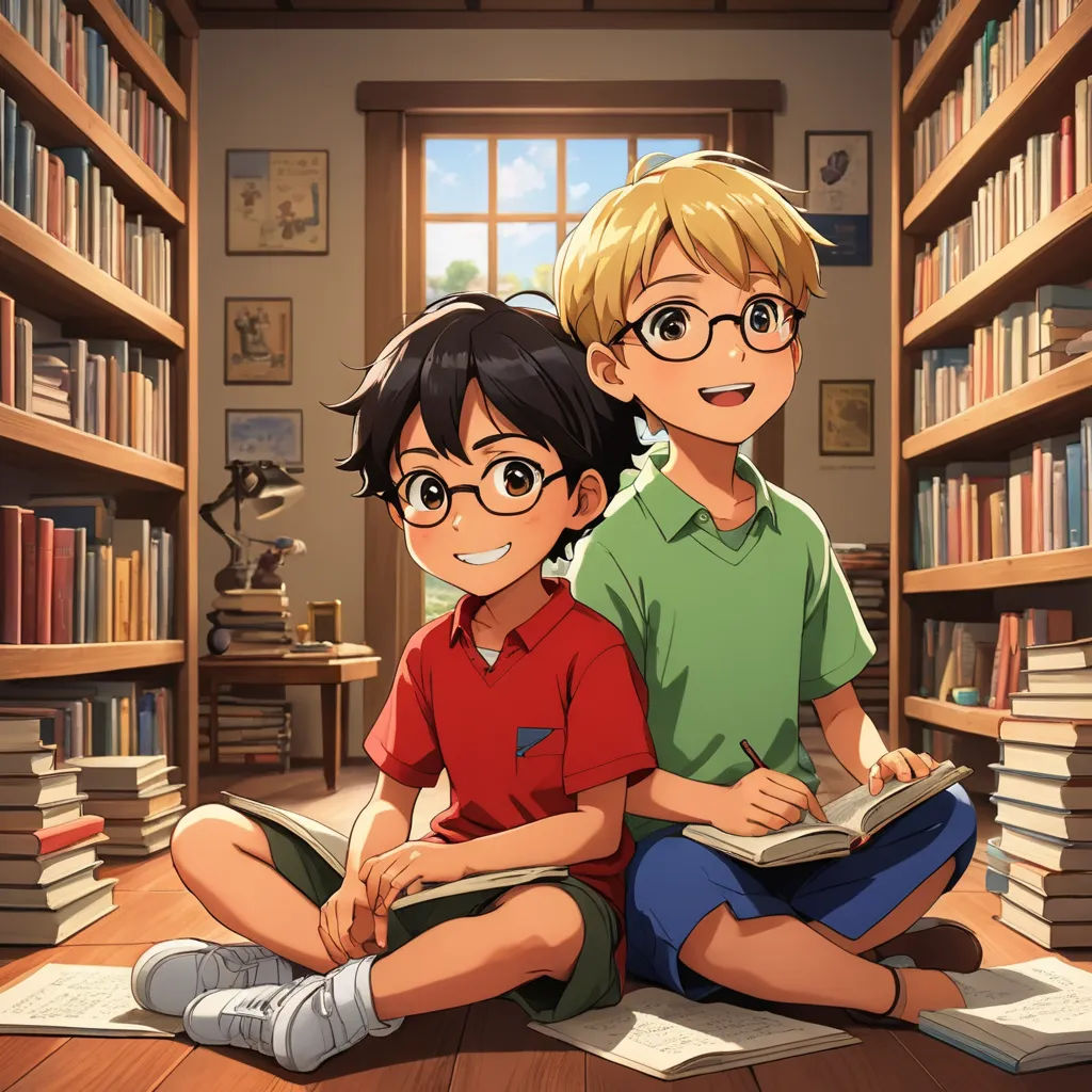 two children sitting on the floor in front of a bookcase with books on it and a book in front of them, sots art, a storybook illustration, Anne Said, official art