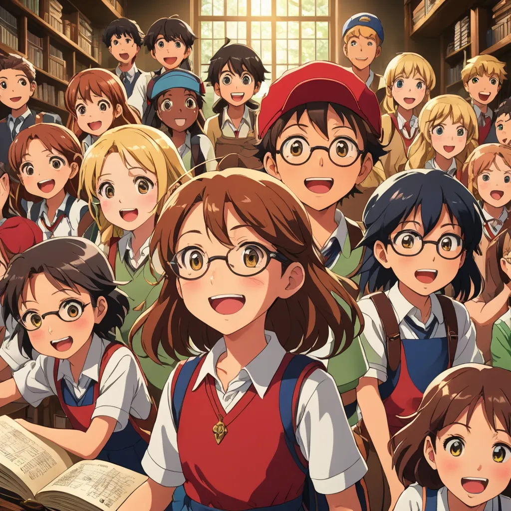 a group of children in a library with books and a book case full of books and a teacher in the background, rayonism, a poster, Aya Goda, official art