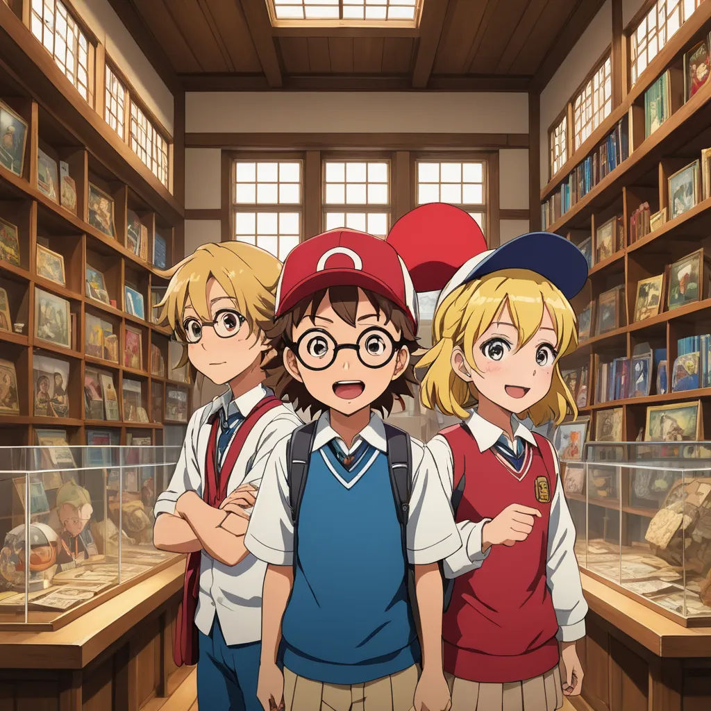 three young children standing in front of a book shelf filled with books and bookshelves with books on them, ukiyo-e, a comic book panel, Baiōken Eishun, official art