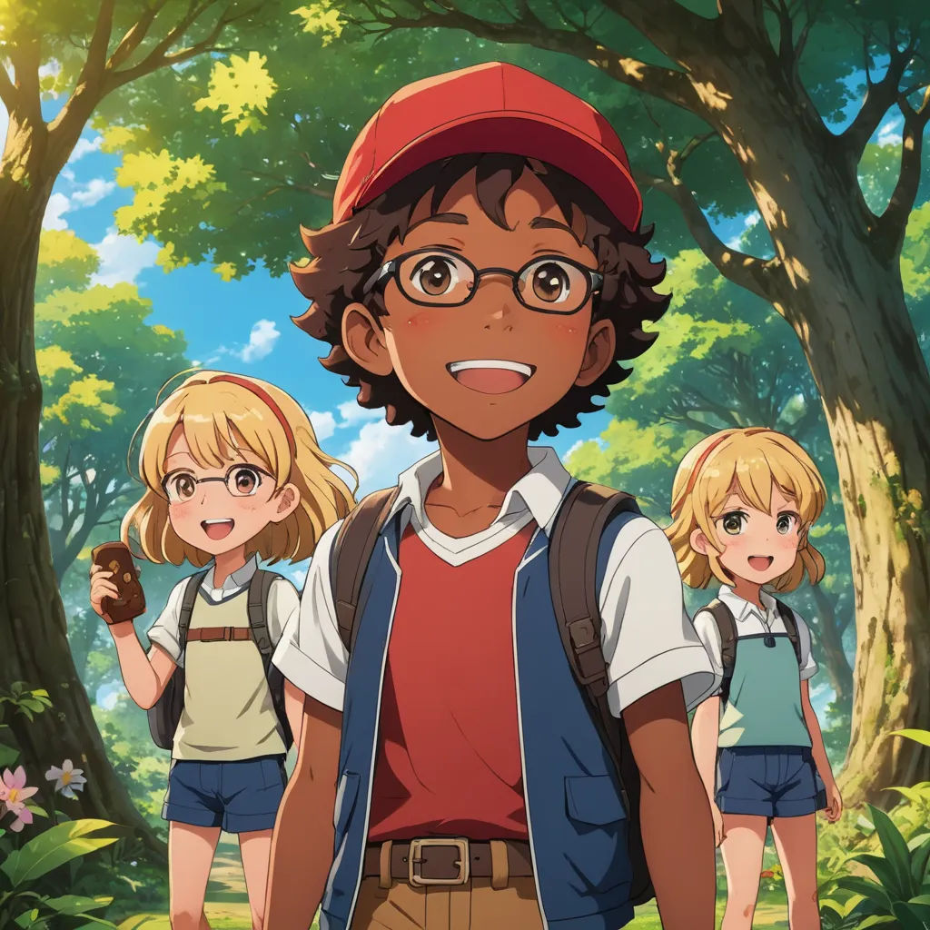a boy and two girls standing in front of a tree with a forest in the background and a boy with glasses and a red cap on, rayonism, concept art, Adam Manyoki, official art
