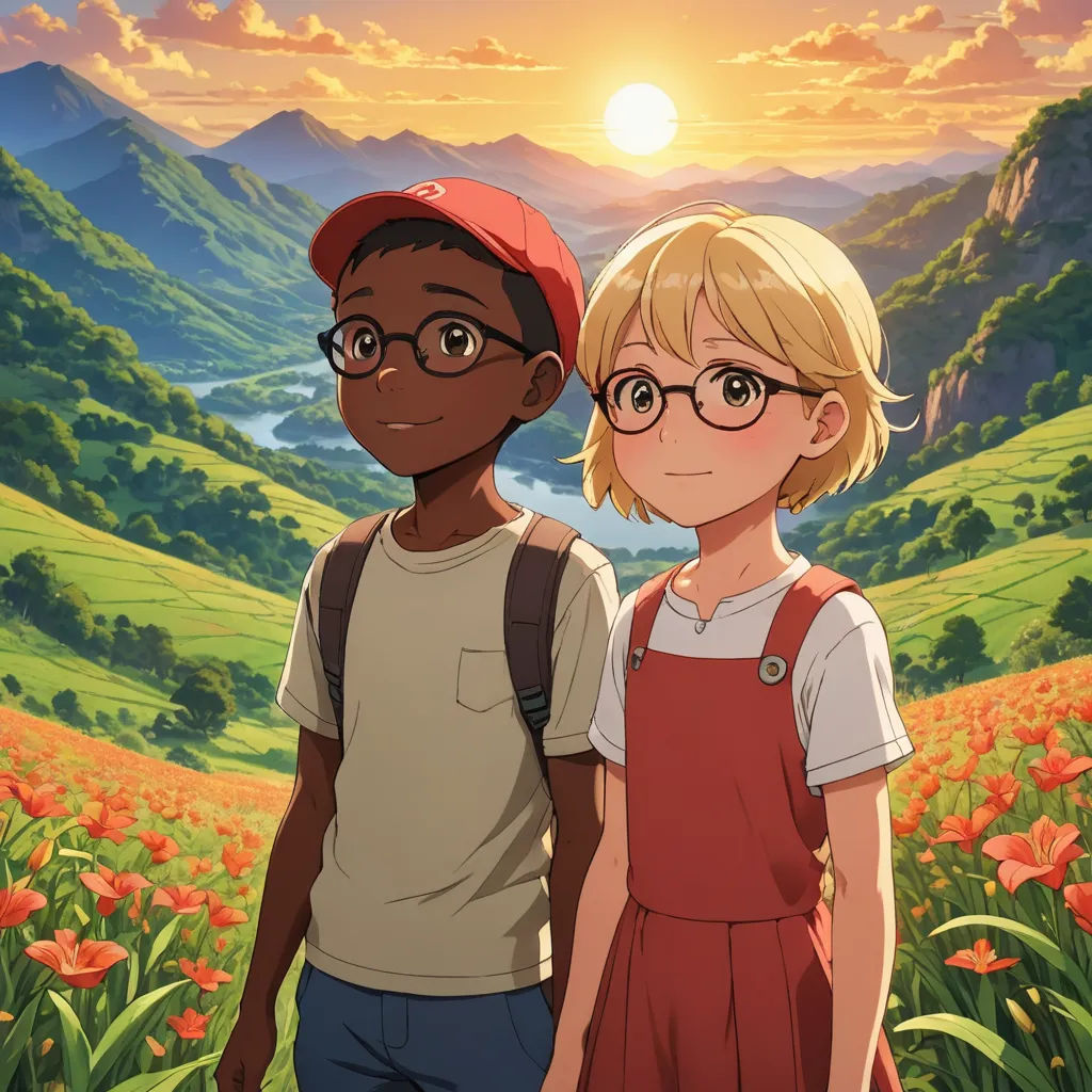 a couple of people standing next to each other in a field of flowers with a sunset in the background, american scene painting, poster art, Anne Said, official art