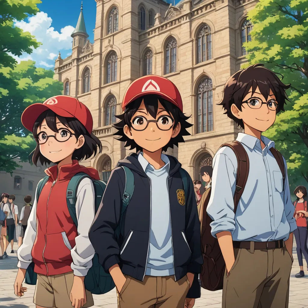 three people standing in front of a building with a clock tower in the background and a crowd of people walking around, rayonism, concept art, Ai-Mitsu, official art