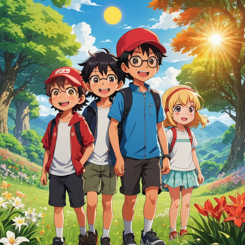 a family of three standing in a field with trees and flowers in the background, with the sun shining, rayonism, a poster, Anne Said, official art