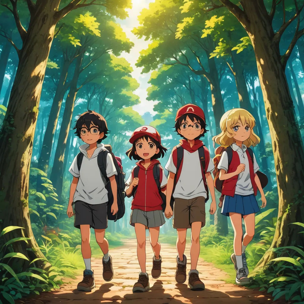 a group of children walking down a forest path in the daytime with the sun shining through the trees behind them, rayonism, a poster, Anne Said, official art