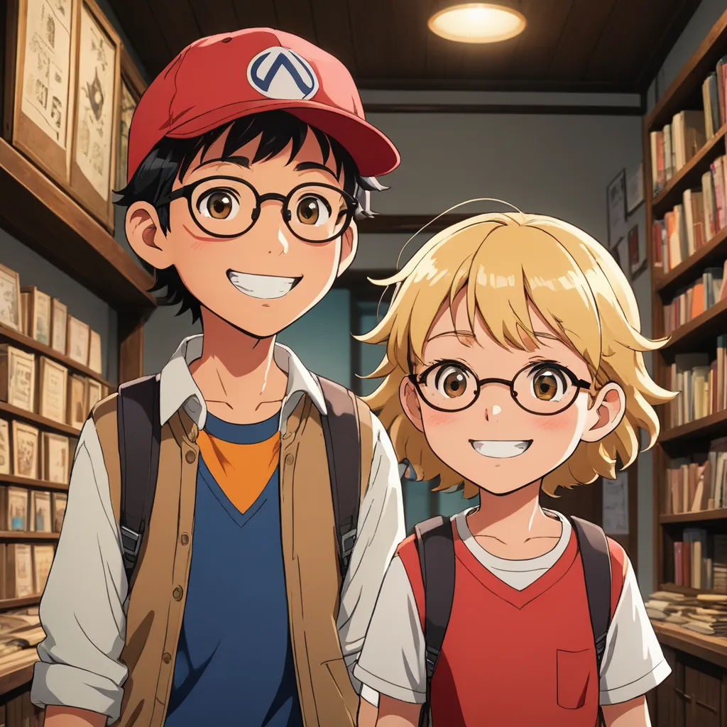 a boy and a girl standing in a library with bookshelves behind them and a red hat on, remodernism, concept art, Ayami Kojima, official art