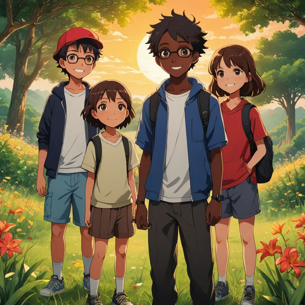a group of people standing next to each other in a field of flowers and trees with a sunset behind them, rayonism, concept art, Adam Manyoki, official art