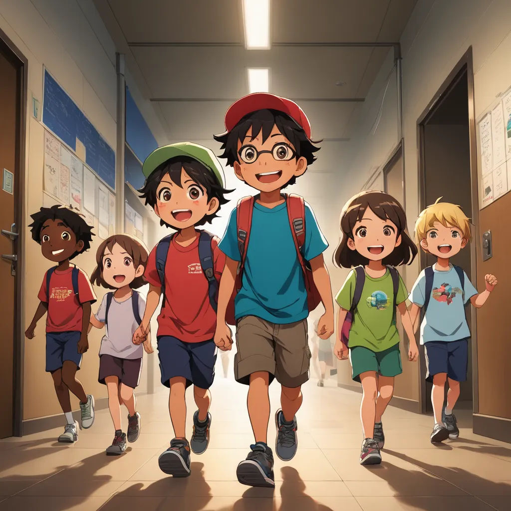a group of children walking down a hallway together in school uniforms and backpacks, with a man in the middle of the group, rayonism, an album cover, Baiōken Eishun, official art