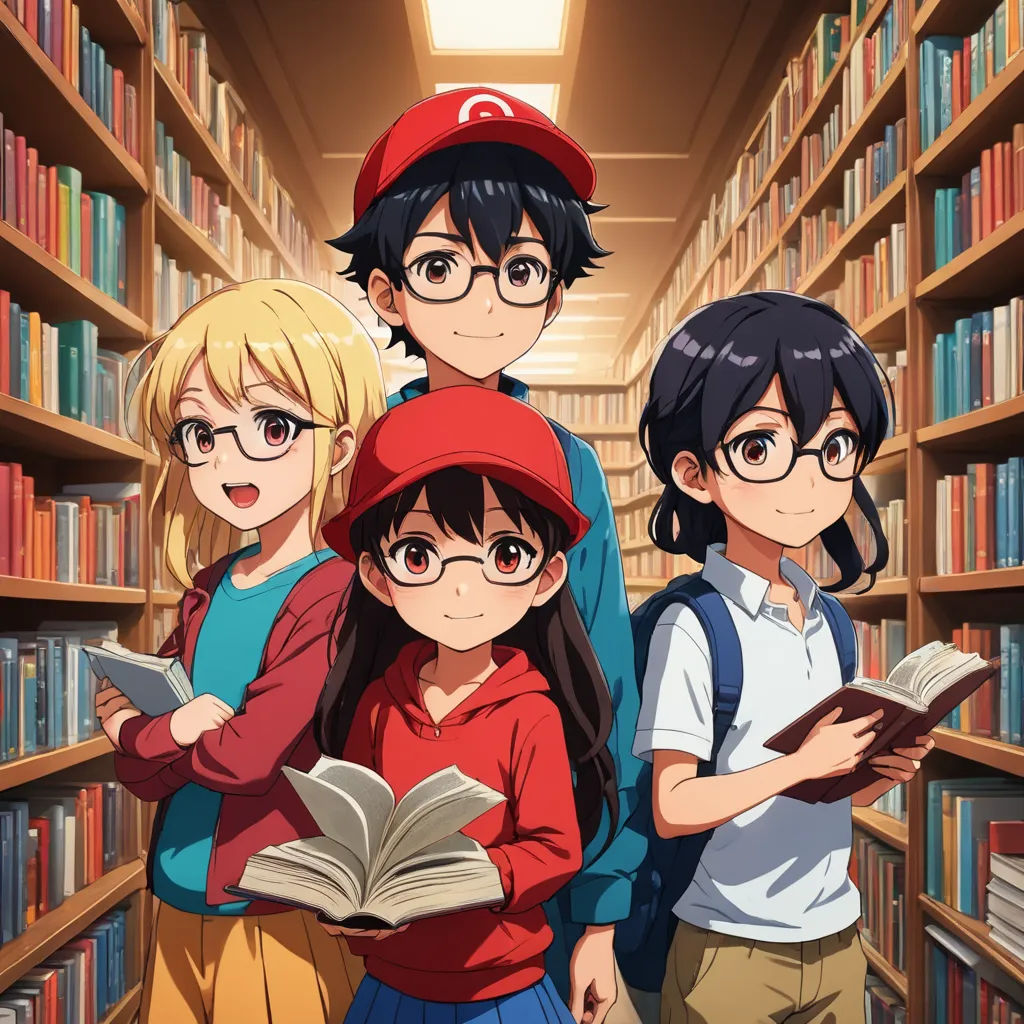 a group of children standing in a library with books in their hands and looking at the camera with a book in their hands, rayonism, a manga drawing, Ay-O, official art