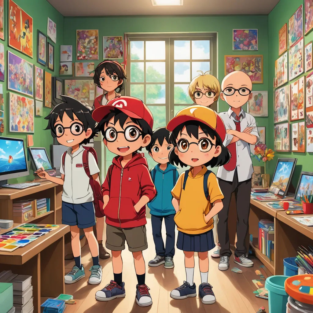 a group of children standing in a room with a tv and a window in the background with pictures on the walls, sots art, a painting, artist, official art