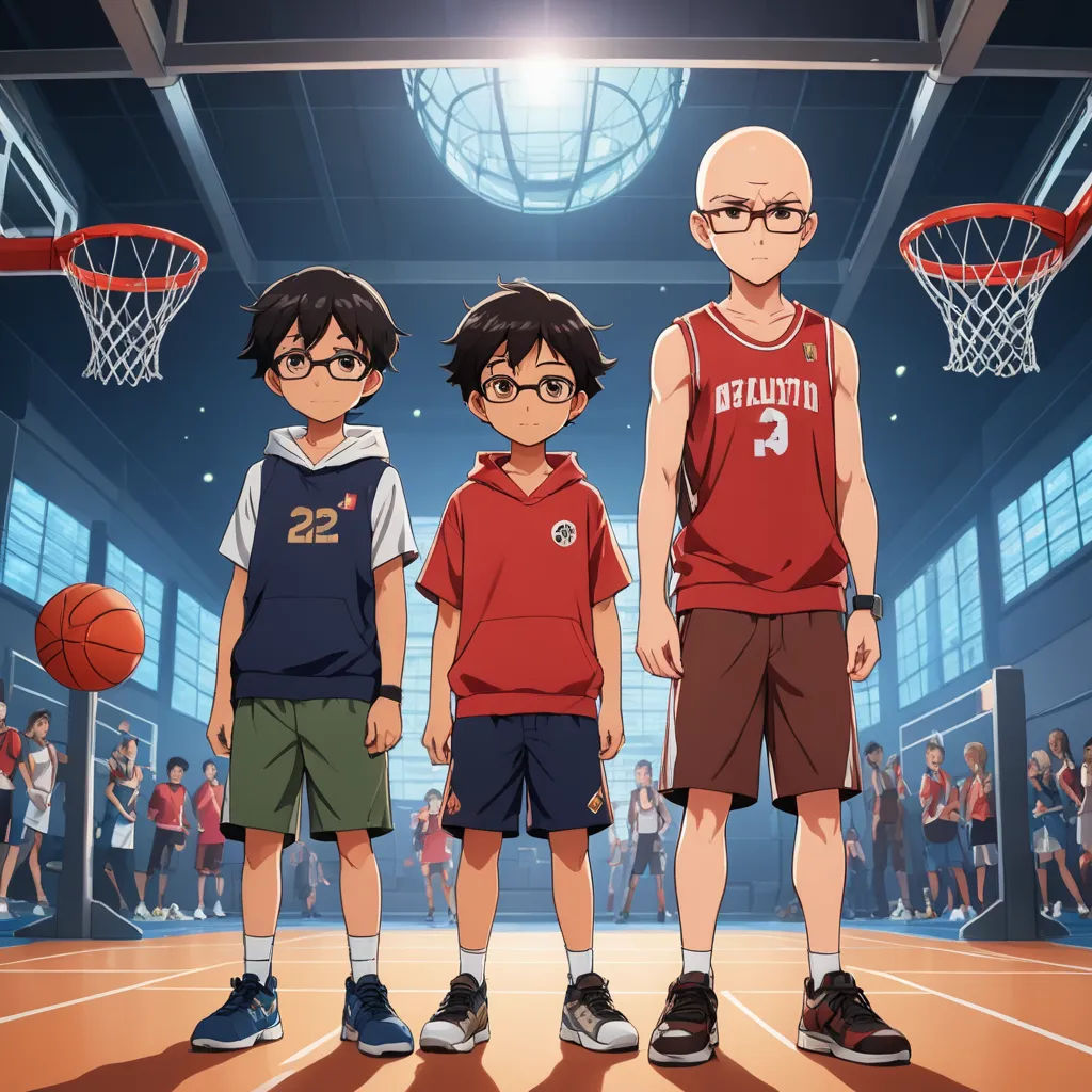 three young boys standing in front of a basketball hoop in a gymnasium with a basketball net in the background, sots art, concept art, Baiōken Eishun, anime key visual