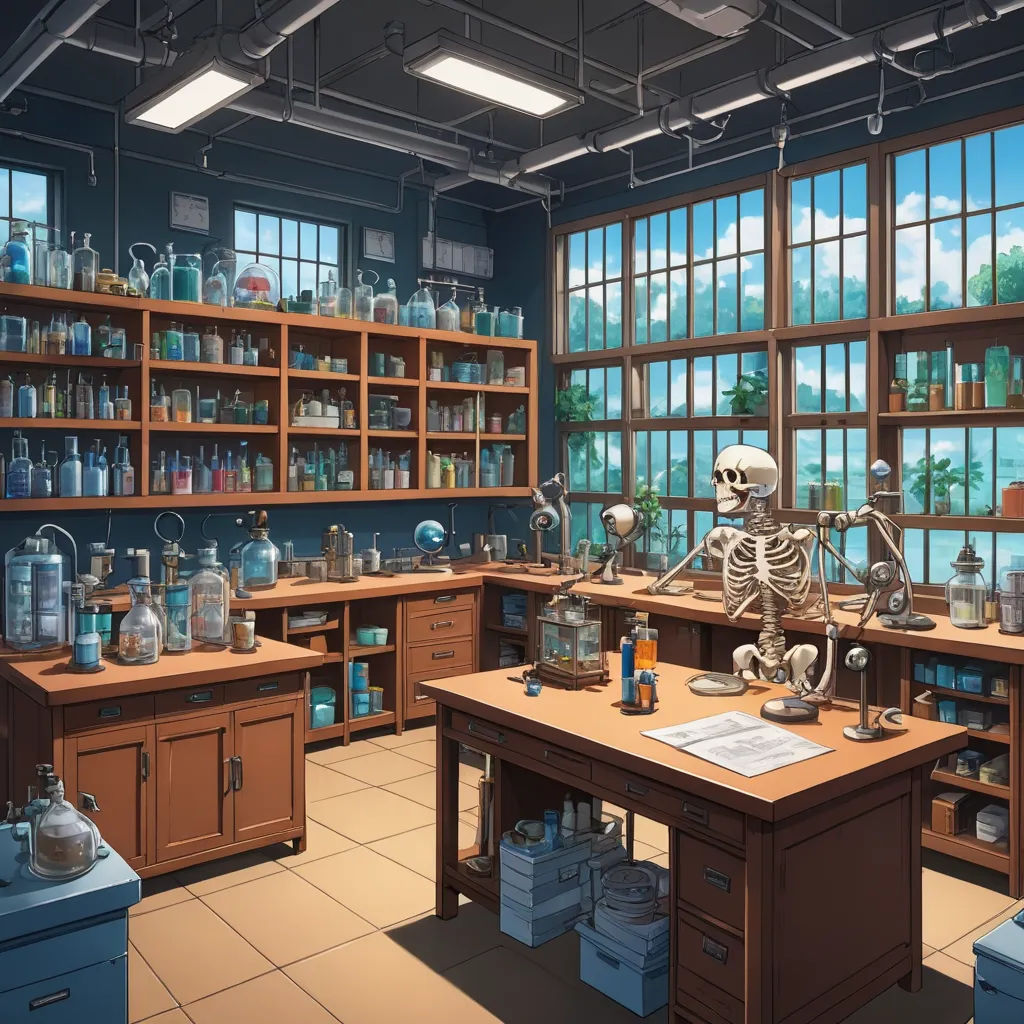 a skeleton sitting on a desk in a room with many shelves of glassware and bottles on the walls, remodernism, a detailed matte painting, Evgeny Lushpin, grim yet sparkling atmosphere