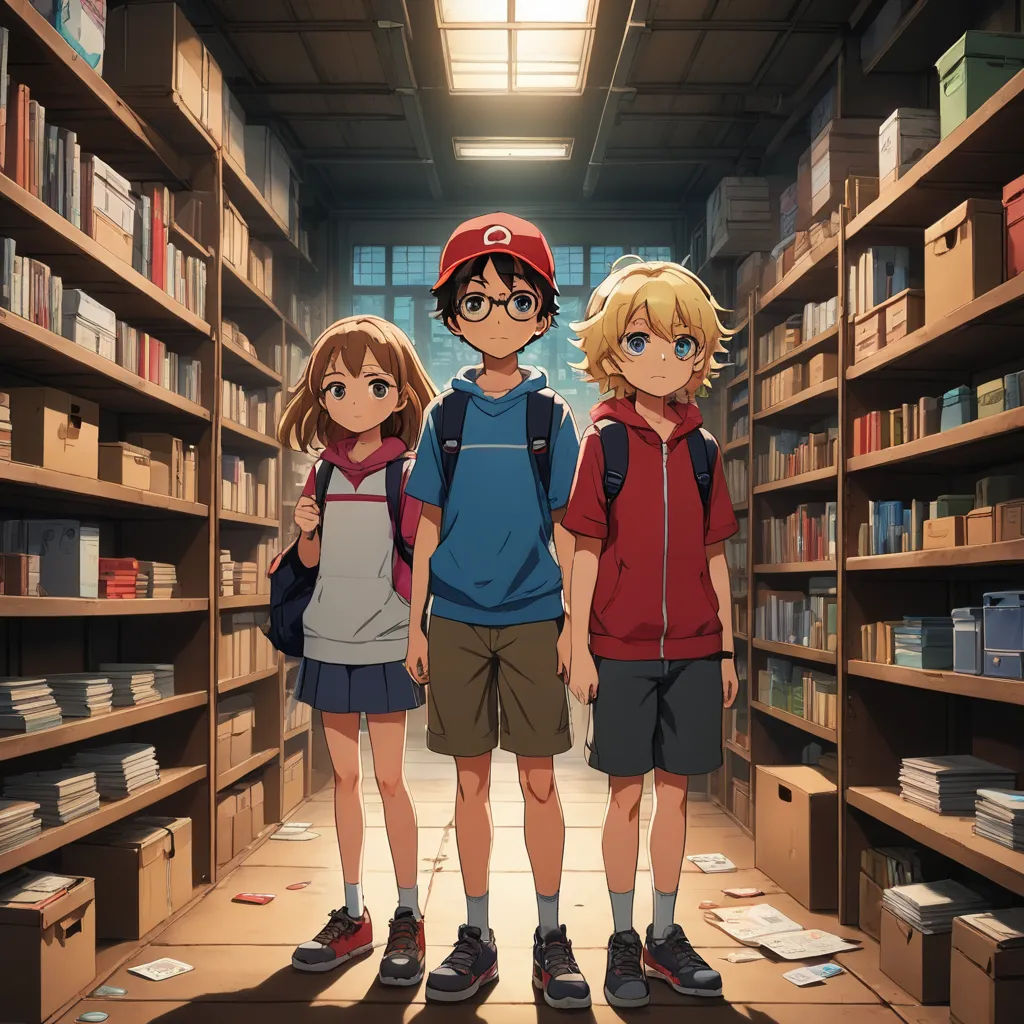 three people standing in a library with bookshelves full of books and bookshelves full of books, rayonism, poster art, Ai-Mitsu, anime key visual